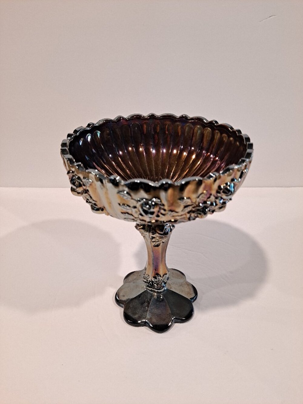 Vintage Fenton Cabbage Rose Amethyst Purple Carnival Glass 8" Compote
